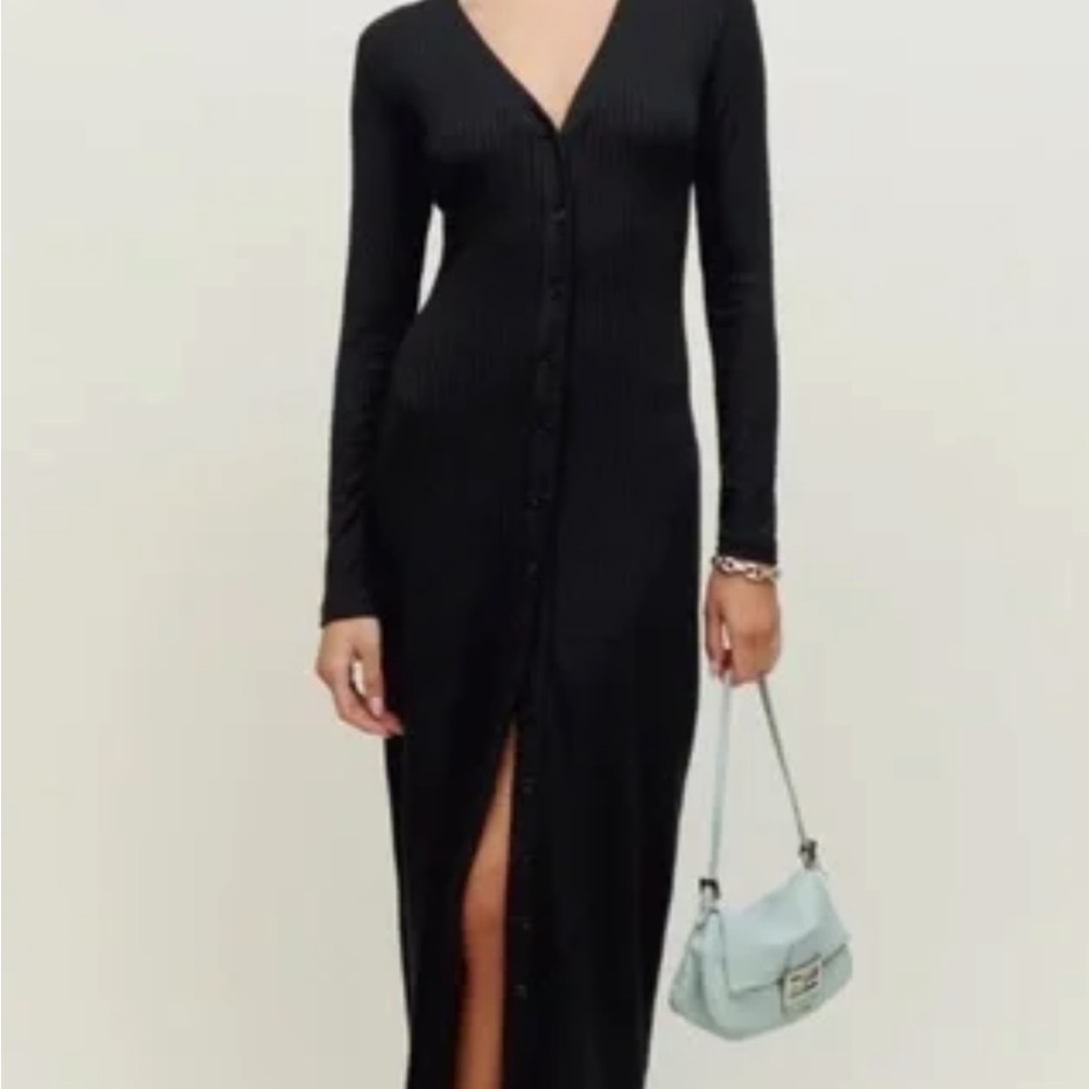 Reformation Black Long Sleeve Ribbed Dress XS